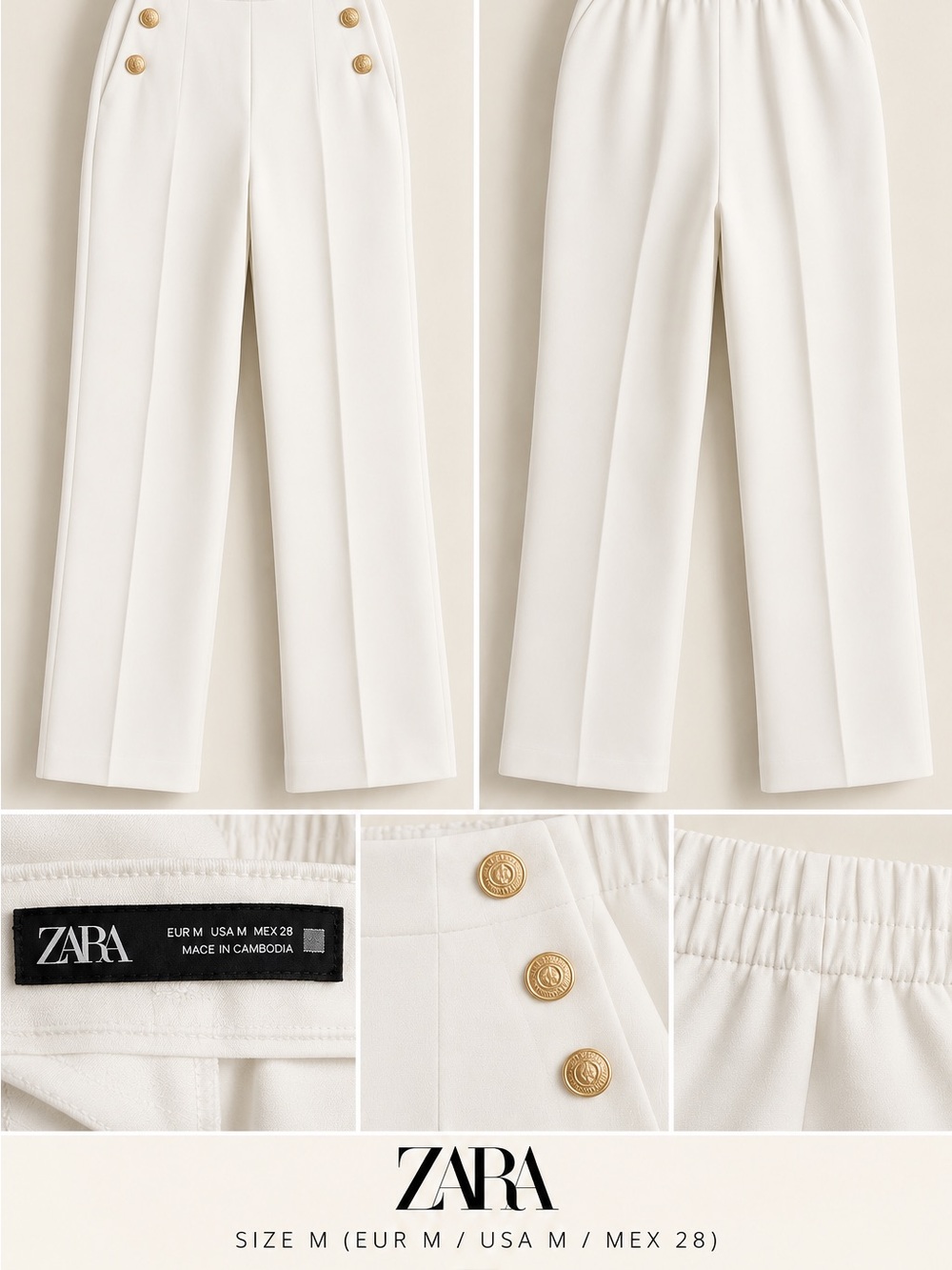 Zara Cream Wide-Leg High-Waist Trousers with Gold Buttons